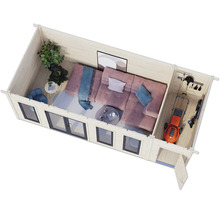 Vue intérieure d'une maison en bois avec salon et remise à outils