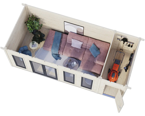 Vue intérieure d'une maison en bois avec salon et remise à outils