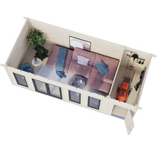 Vue d'ensemble d'un pavillon de jardin moderne avec coin salon et remise à outils