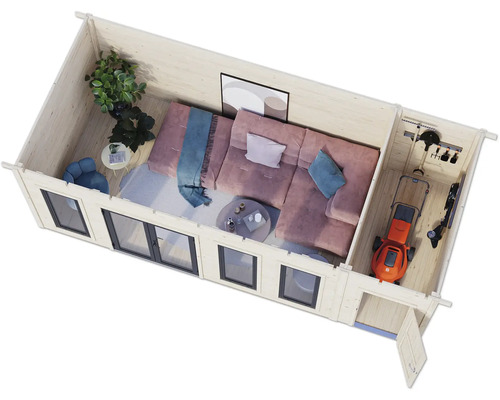 Vue d'ensemble d'un pavillon de jardin moderne avec coin salon et remise à outils