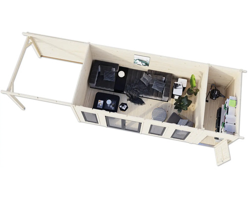 Vue de dessus d'un abri de jardin aménagé avec des meubles et de la décoration