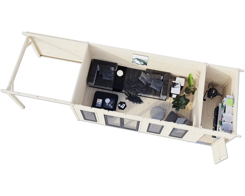 Vue de dessus de l'intérieur d'une maison en bois avec espace de vie et espace de rangement