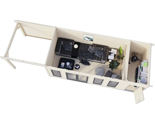 Vue intérieure d'une maison de jardin en bois avec meubles et décorations.