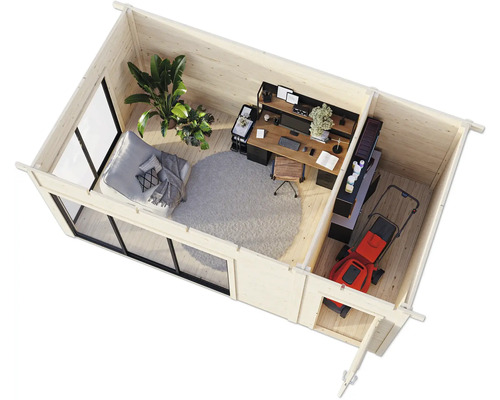 Vue intérieure d'une cabane de jardin avec bureau, espace de vie et tondeuse à gazon