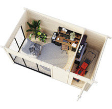 Vue intérieure d'une cabane de jardin avec mobilier de bureau, tondeuse à gazon, plantes et lit de repos