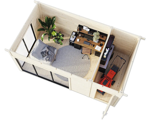 Vue intérieure d'une cabane de jardin en bois avec mobilier de bureau et outils de jardinage