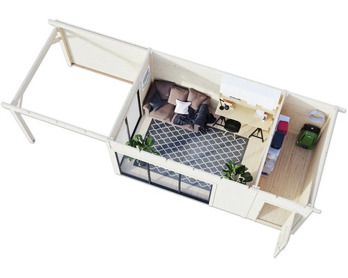 Vue de dessus d'une cabane de jardin avec espace de vie et espace de travail