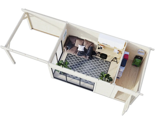 Vue intérieure d'une cabane de jardin moderne avec espace de vie, espace de travail et débarras