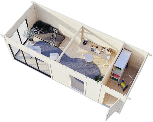 Plan d'un chalet de jardin avec espace de vie, espace de travail et espace de stockage