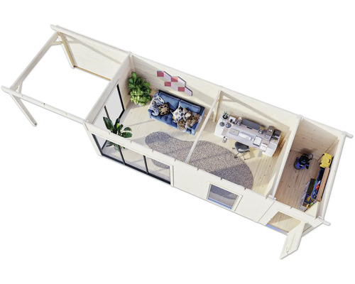 Vue de dessus d'une maison de jardin avec salon, bureau et débarras