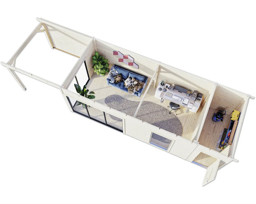 Vue de dessus d'un abri de jardin en bois avec espace de vie, bureau et débarras