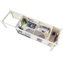 Vue de dessus d'une maison de jardin avec salon, bureau et débarras