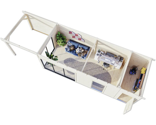 Vue de dessus d'une maison en bois avec salon, bureau et débarras