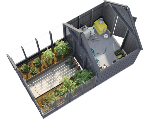 Abgeschnittene Ansicht eines Gewächshauses mit Pflanzenbeeten, Werkzeugen und Gartenzubehör.