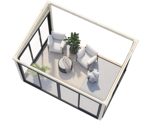 Vue intérieure d'un pavillon avec coin salon, table et plantes