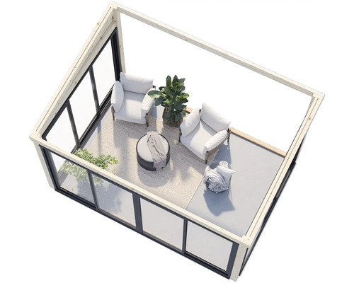 Vue intérieure d'une serre avec des meubles et des plantes