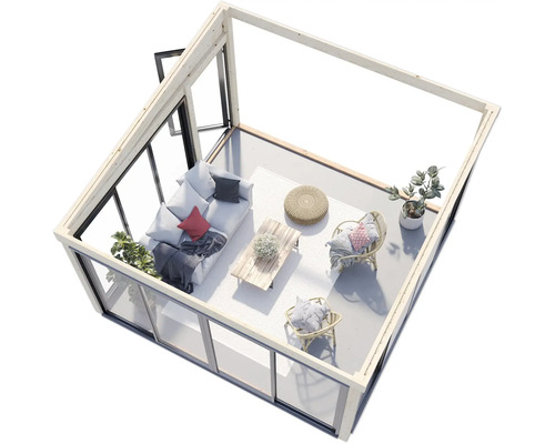 Pavillon de jardin lumineux avec cadre en bois, façades en verre et mobilier