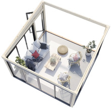 Tonnelle de jardin moderne et lumineuse avec canapé, table, fauteuils et décoration