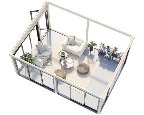 Pavillon de jardin lumineux avec meubles, canapés, tables et étagères pour l'extérieur