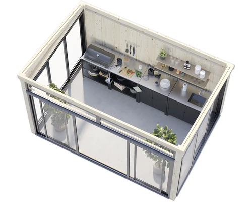 Cuisine extérieure avec barbecue, évier, plans de travail et portes coulissantes