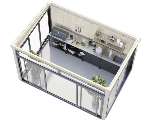 Cuisine d'extérieur moderne avec barbecue et évier dans une maison en bois avec portes coulissantes en verre.