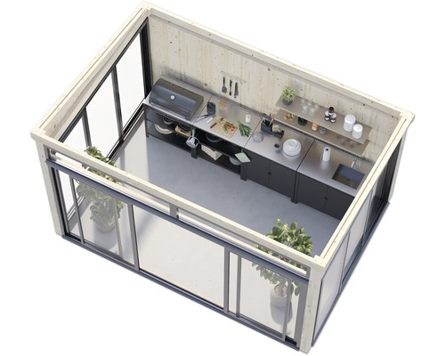 Illustration d'une cuisine d'extérieur avec barbecue, évier et plan de travail