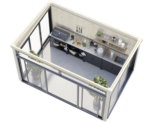 Cuisine d'extérieur moderne avec barbecue, plan de travail et évier