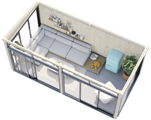 Vue intérieure d'une cabane de jardin avec canapé d'angle, table, étagères et décoration