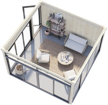 Vue intérieure d'une cabane de jardin moderne avec mobilier et grandes fenêtres.