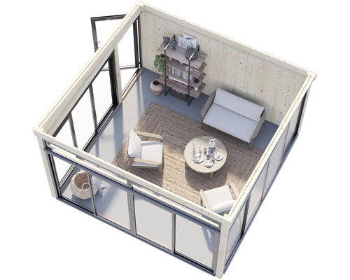 Vue intérieure d'une maison de jardin lumineuse avec mobilier et grandes fenêtres