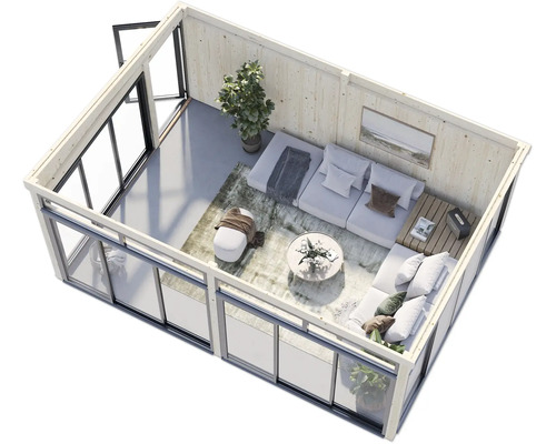 Vue intérieure d'une cabane de jardin avec meubles et décoration