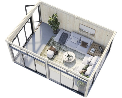 Vue intérieure d'un chalet de jardin avec coin salon, comprenant un canapé, une table et des décorations