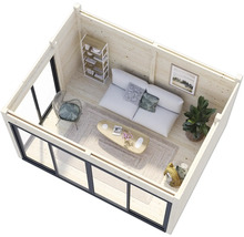 Vue intérieure d'une maison de jardin en bois avec des meubles comme un canapé, une table et une étagère