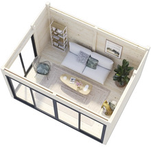 Vue intérieure d'une cabane de jardin avec meubles et décoration