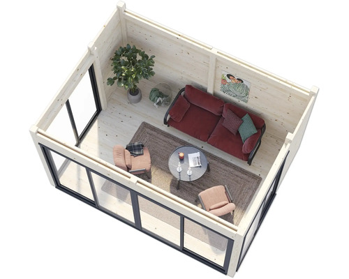 Vue intérieure d'une cabane de jardin avec canapé, fauteuils, table et plante d'intérieur