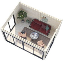 Vue intérieure d'une cabane de jardin avec des meubles et des fenêtres