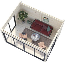 Vue intérieure d'une cabane de jardin avec meubles et fenêtres