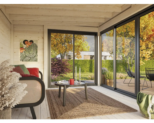 Véranda lumineuse avec coin salon, tapis et vue sur le jardin