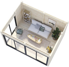 Vue intérieure d'une cabane de jardin en bois avec meubles et fenêtres