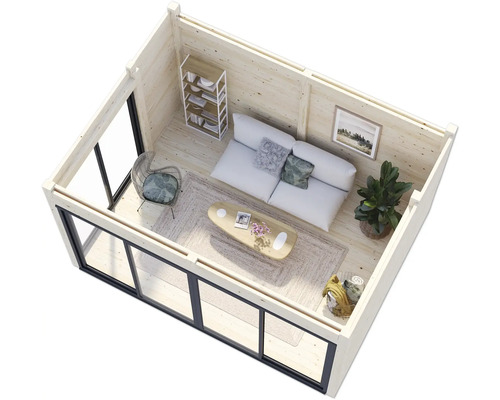 Vue intérieure d'une cabane de jardin avec canapé, table, étagères et fenêtres