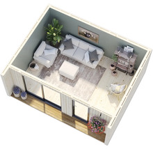 Intérieur d'une cabane de jardin avec meubles et décoration