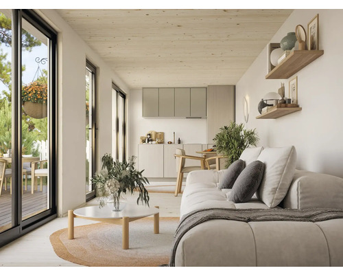 Espace de vie lumineux avec canapé, étagères, comptoir de cuisine et porte-fenêtre