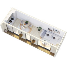 Vue de dessus d'une Tiny House moderne avec cuisine, coin repas et salon