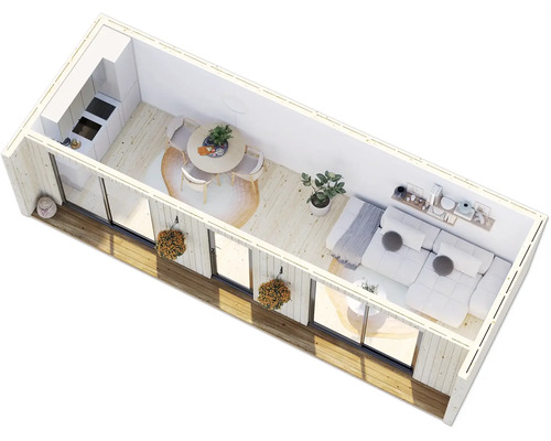 Vue de dessus d'une Tiny House moderne avec cuisine, coin repas et salon