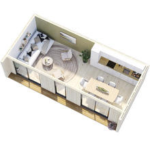 Vue intérieure d'une maison en bois moderne avec coin salon, cuisine et salle à manger