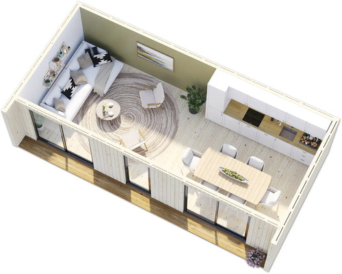 Vue intérieure d'une maison en bois moderne avec coin salon, cuisine et salle à manger