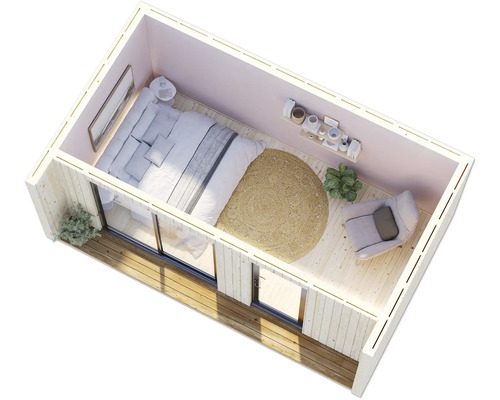 Vue de dessus d'une petite chambre avec lit, fauteuil et tapis rond.