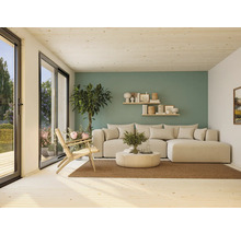 Salon lumineux avec canapé, fauteuil, tapis et décoration