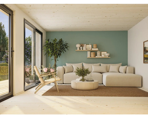 Salon lumineux avec canapé, fauteuil, tapis et décoration