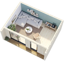 Vue intérieure d'une maison de jardin moderne avec canapé, table et ameublement